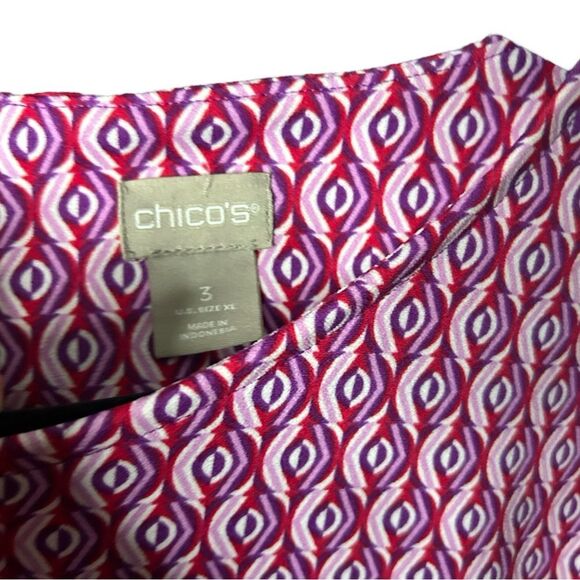 Chico’s Pink Red Purple White Print Top With Striped Short Sleeves Size 3 (XL) - Picture 2 of 9